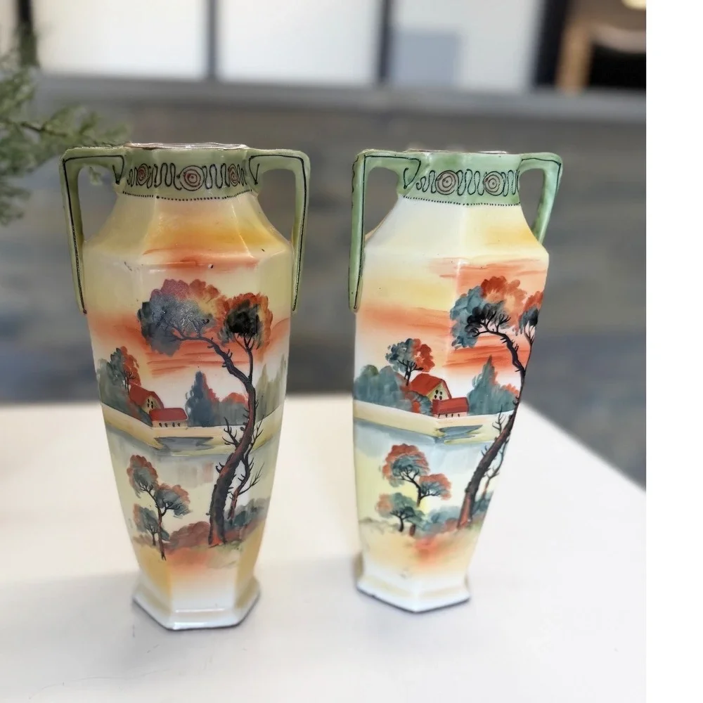 Antique Nippon Hand Painted Landscape Vases Moriage Gilt Porcelain Pair 9.5